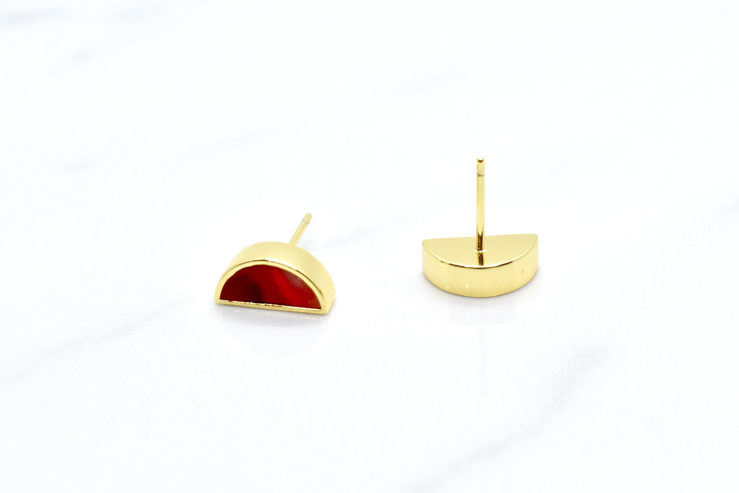 deep ruby red marbled tiny halfmoon earrings with 24k gold plating on white background