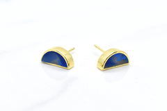 14k gold moon earrings in sapphire gemstone clay, geometric jewelry that's delicate and colorful on white background