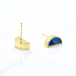 deep sapphire blue marbled tiny halfmoon earrings with 14k gold plating on white background