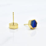gold hexagon studs with back of stud and surgical steel posts that are hypoallergenic shown against a white background, includes 14k gold earrings with sapphire gem clay
