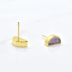half moon stud earrings in amethyst and gold with surgical steel posts