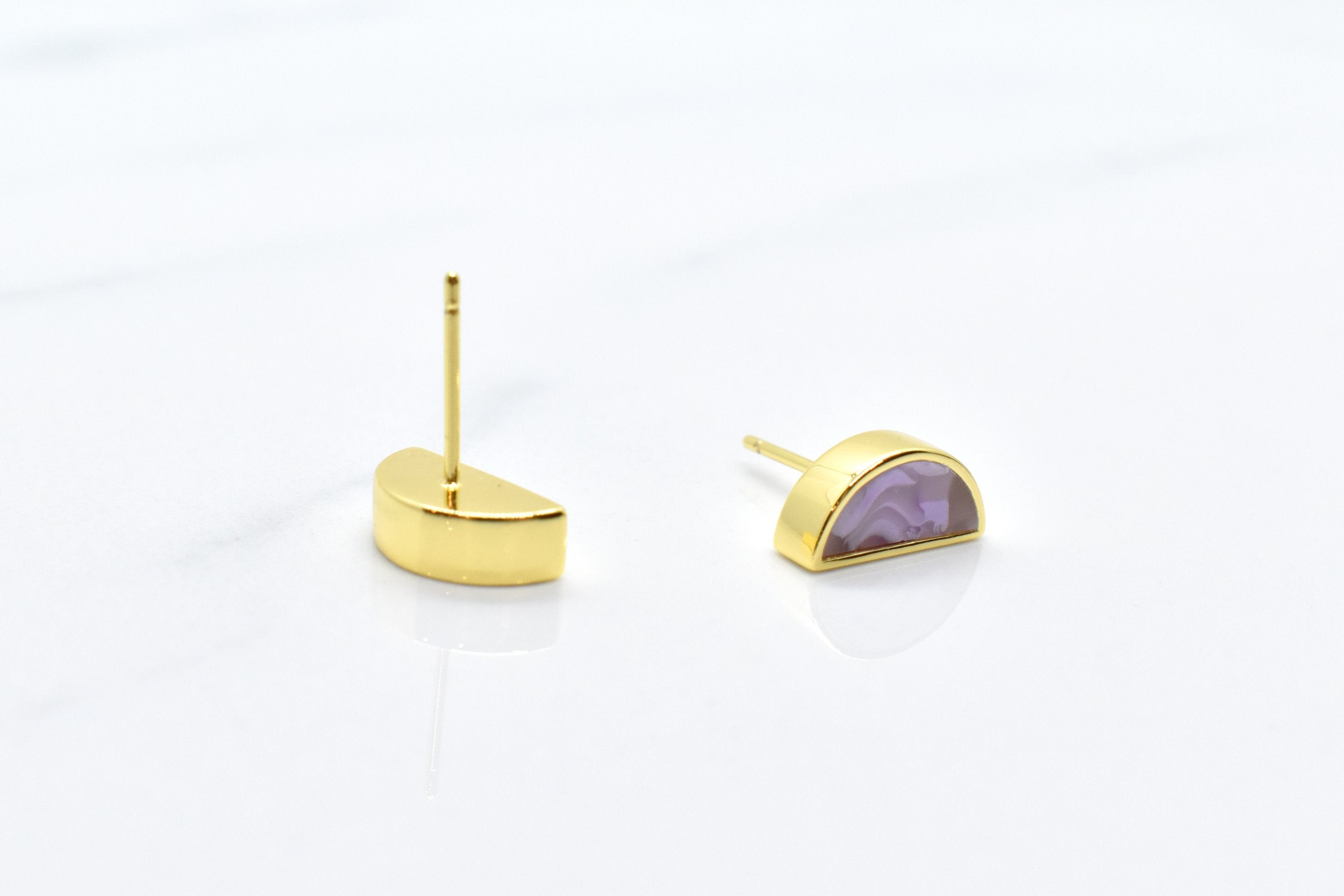 half moon stud earrings in amethyst and gold with surgical steel posts