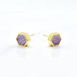 a frontal view of lavender and gold honeycomb earring stud set