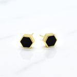 hexagon stud earring set black clay and 14k gold plated sterling silver hypoallergenic and good for sensitive ears