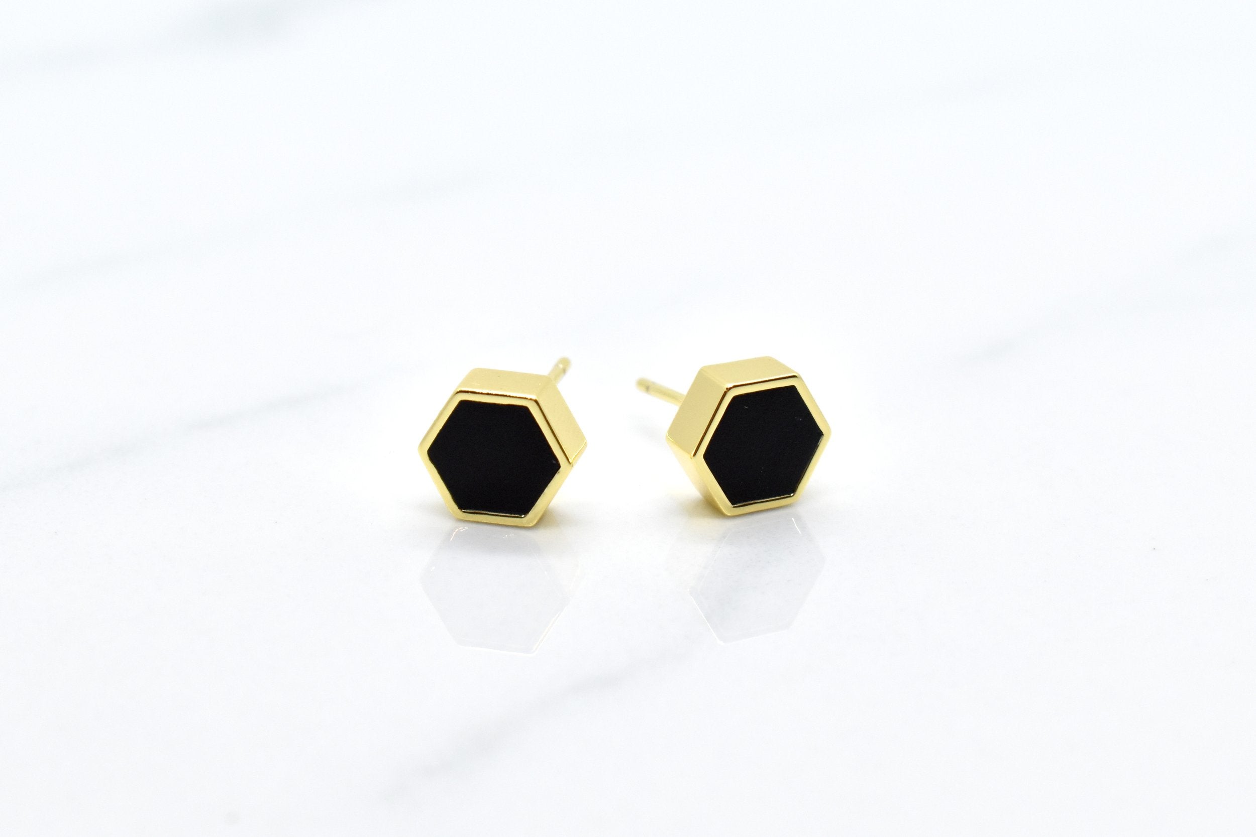 hexagon stud earring set black clay and 14k gold plated sterling silver hypoallergenic and good for sensitive ears