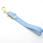 wrist loop key chain in periwinkle blue leather.