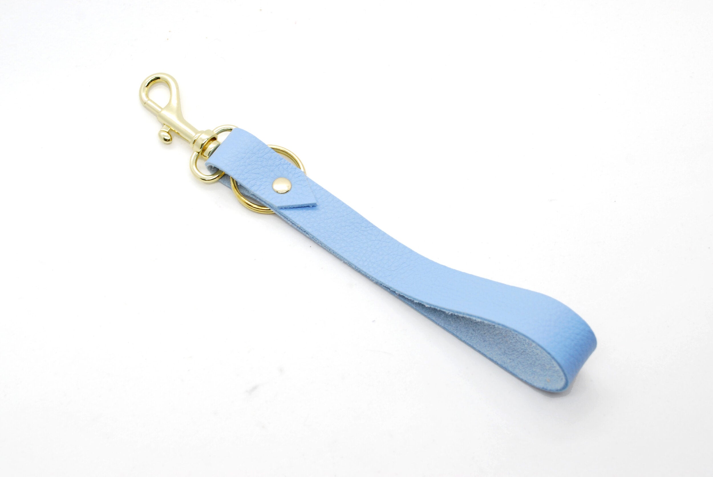 wrist loop key chain in periwinkle blue leather.