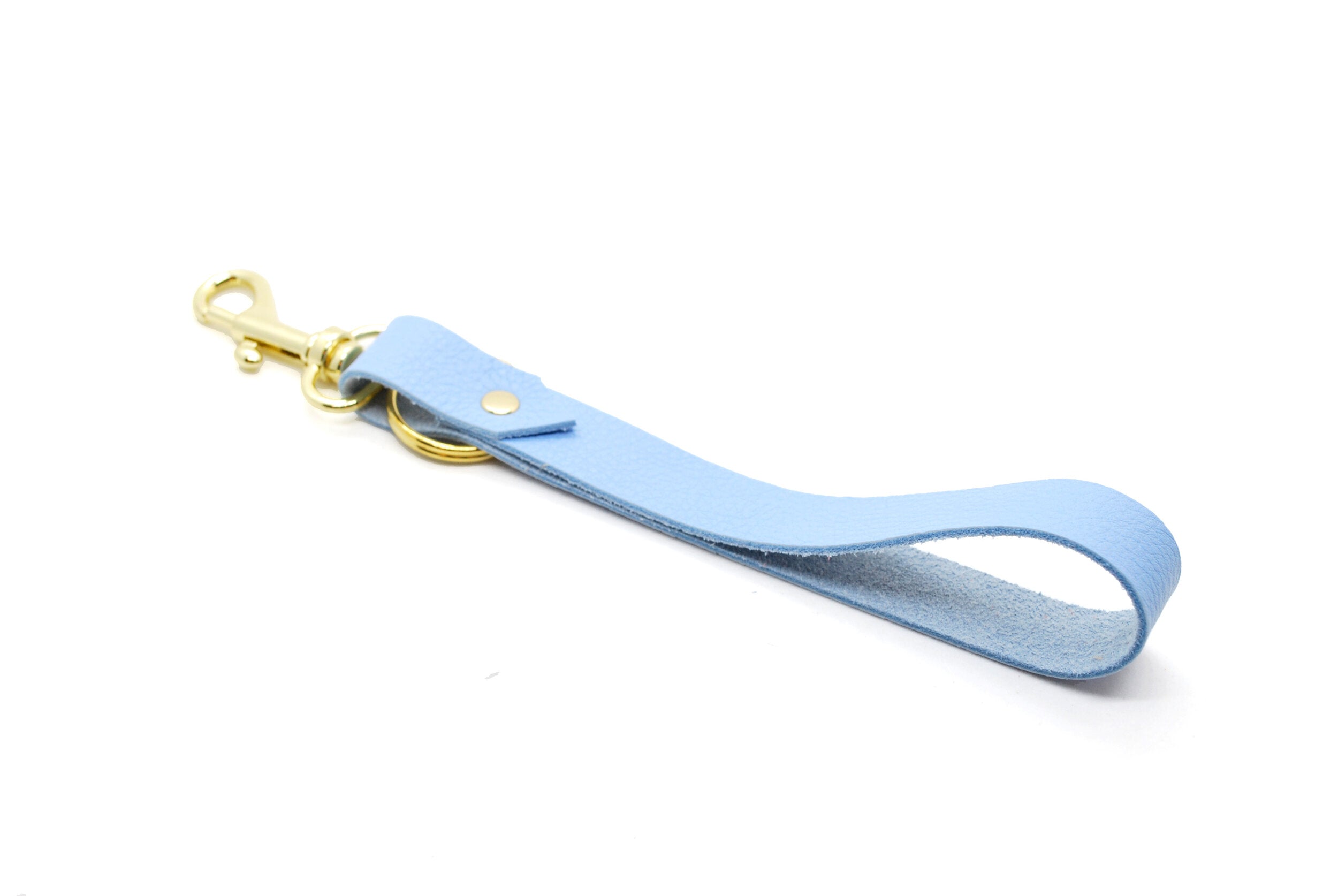 soft leather key fob wristlet in pastel periwinkle blue.
