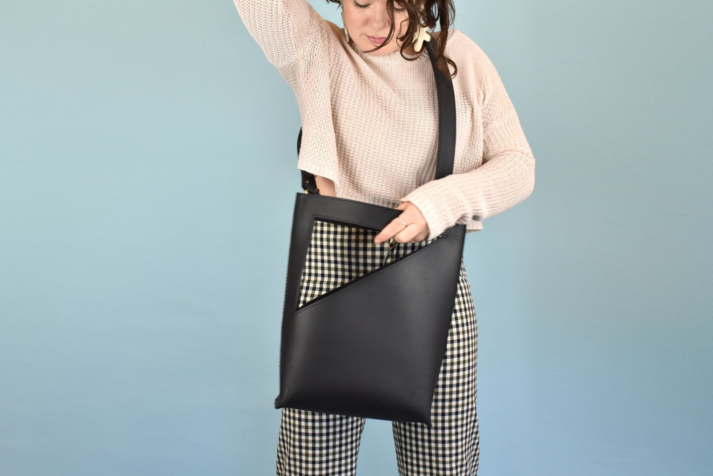 large leather purse black neutral leather crossbody bag, black bag for laptop, asymmetrical tote bag architectural design purse