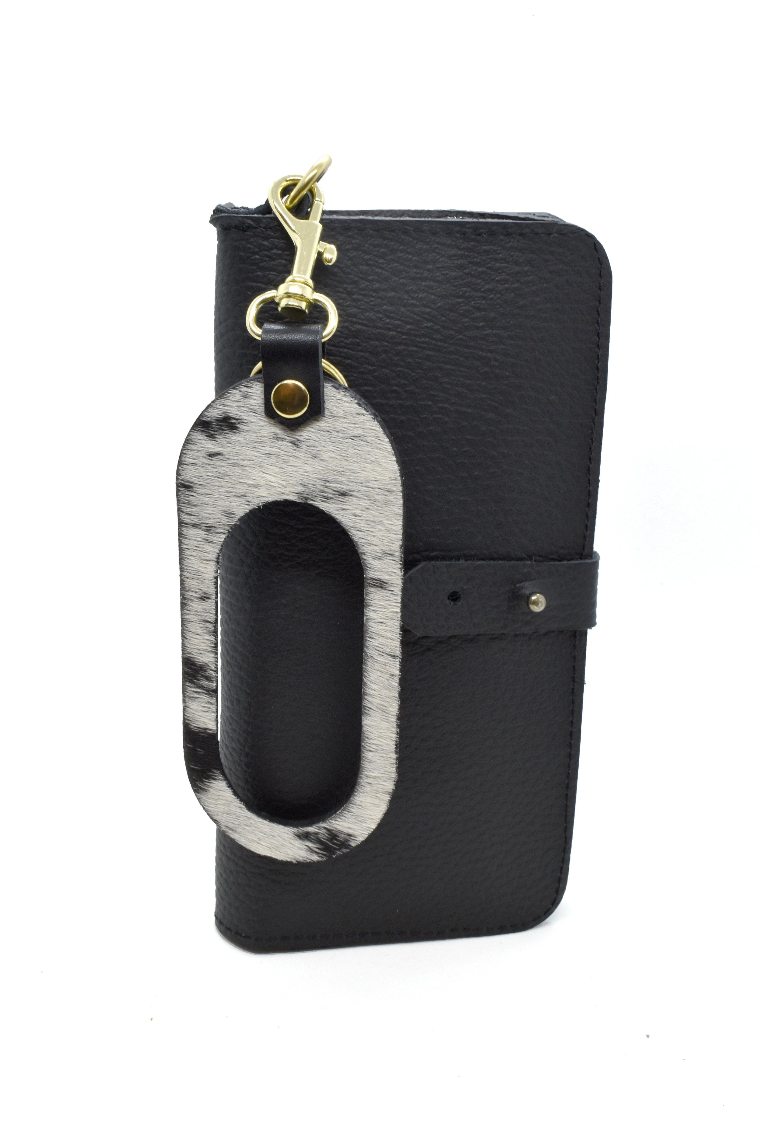 black leather catch all wallet with western cutout keychain