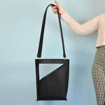 large leather purse black neutral leather crossbody bag black tone bag for laptop asymmetrical tote bag architectural design purse