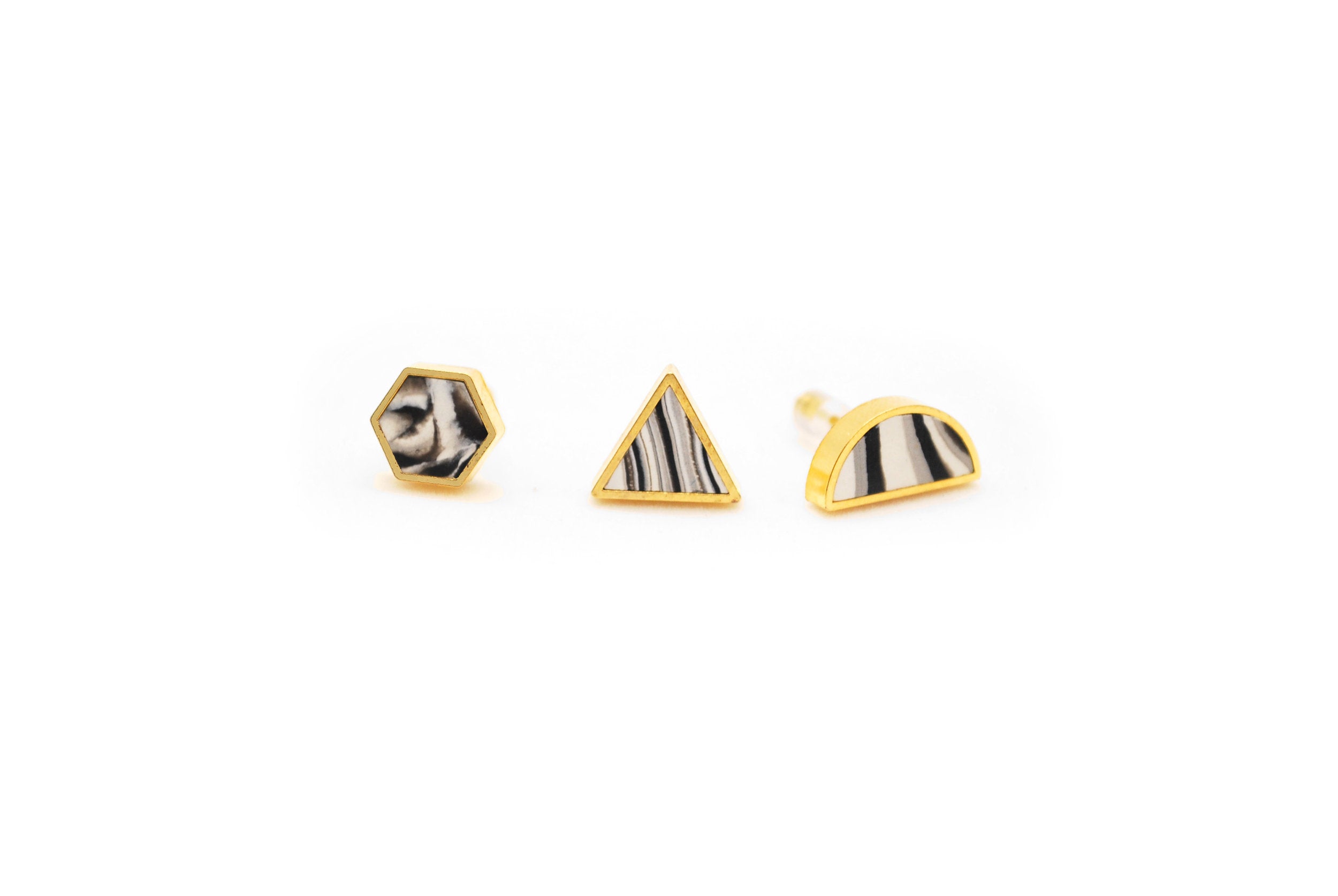 Black and Whte Marbled Clay Studs in Hexagon, Triangle, and Half-Moon