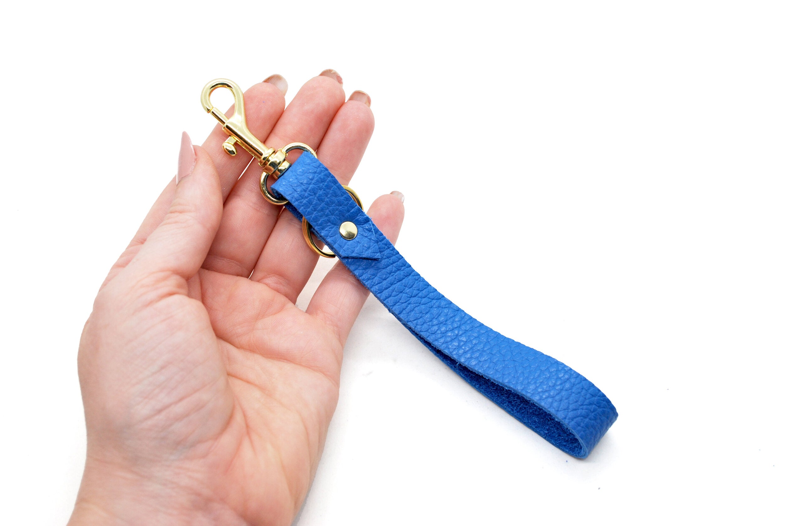 matisse blue authentic leather keychain with gold keyring and clasp.