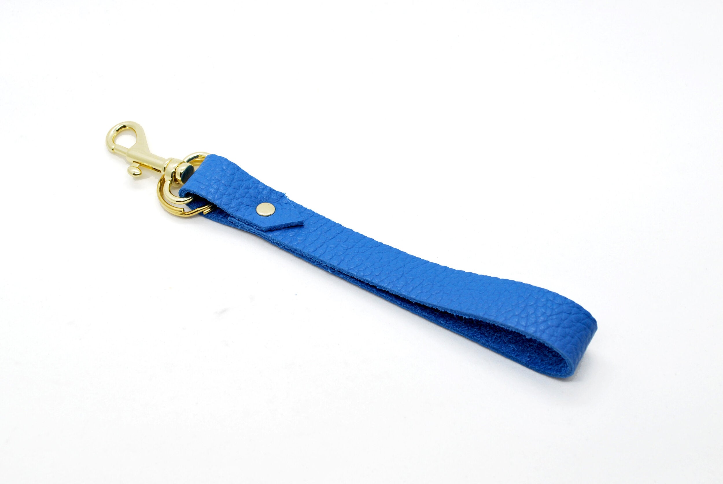 matisse blue and gold hand riveted leather keychain.