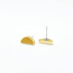 bright yellow marbled tiny half moon earrings with 24k gold plating.