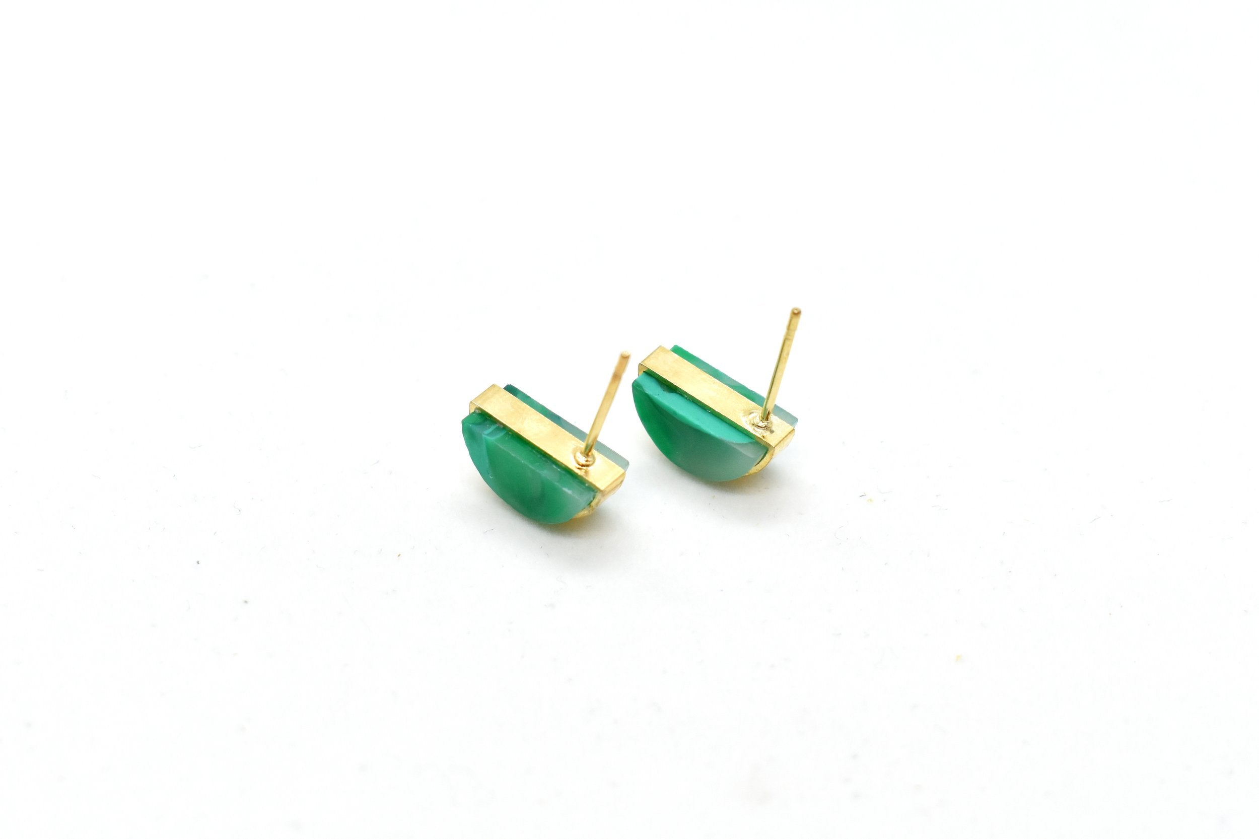 earrings showing the back of studs with surgical steel, hypoallergenic posts, marbled translucent green geometric shape studs May jewelry birthstone earrings gifts for her