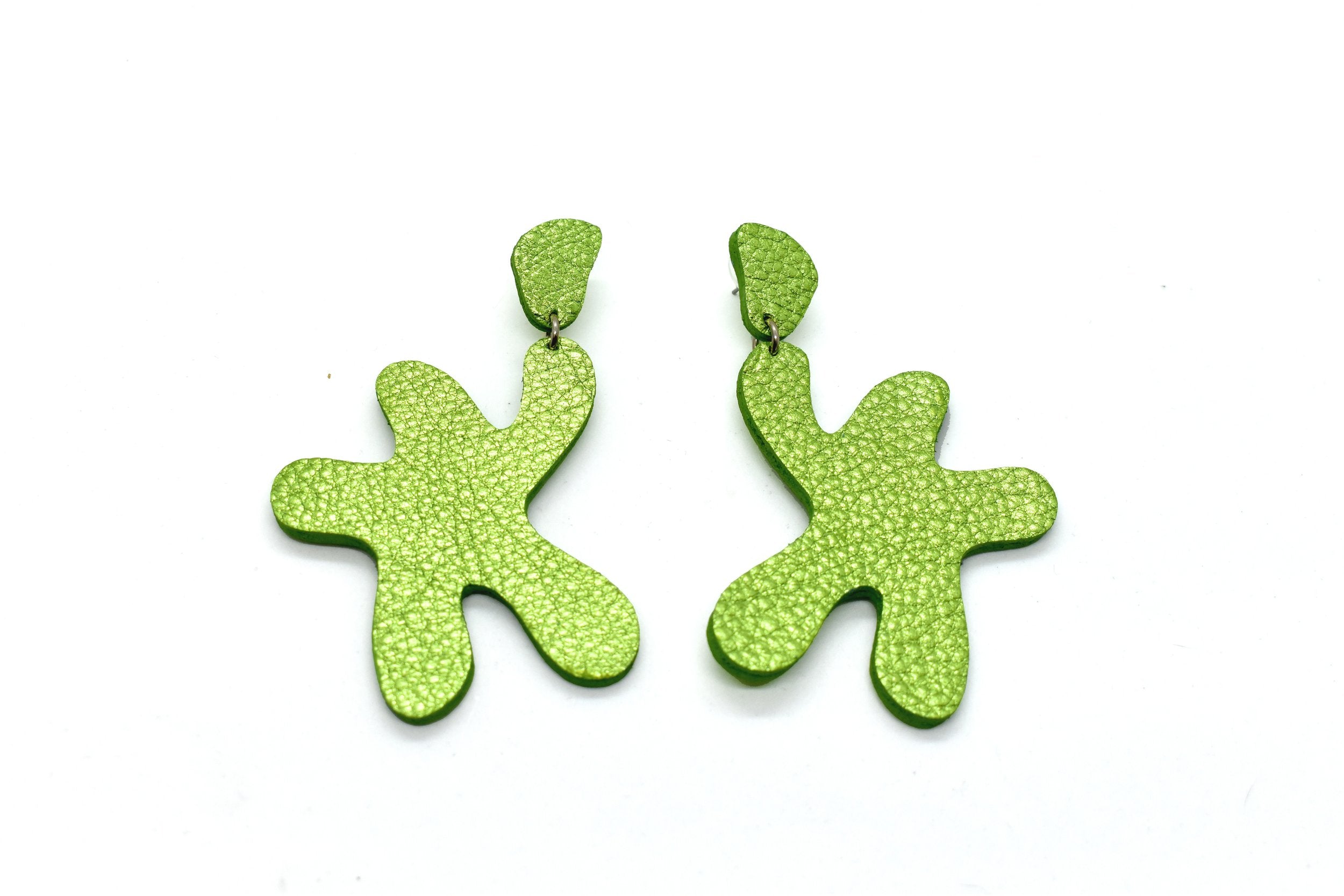 Metallic Lime Leather Statement Earrings, Matisse Style Earrings in Lime Green