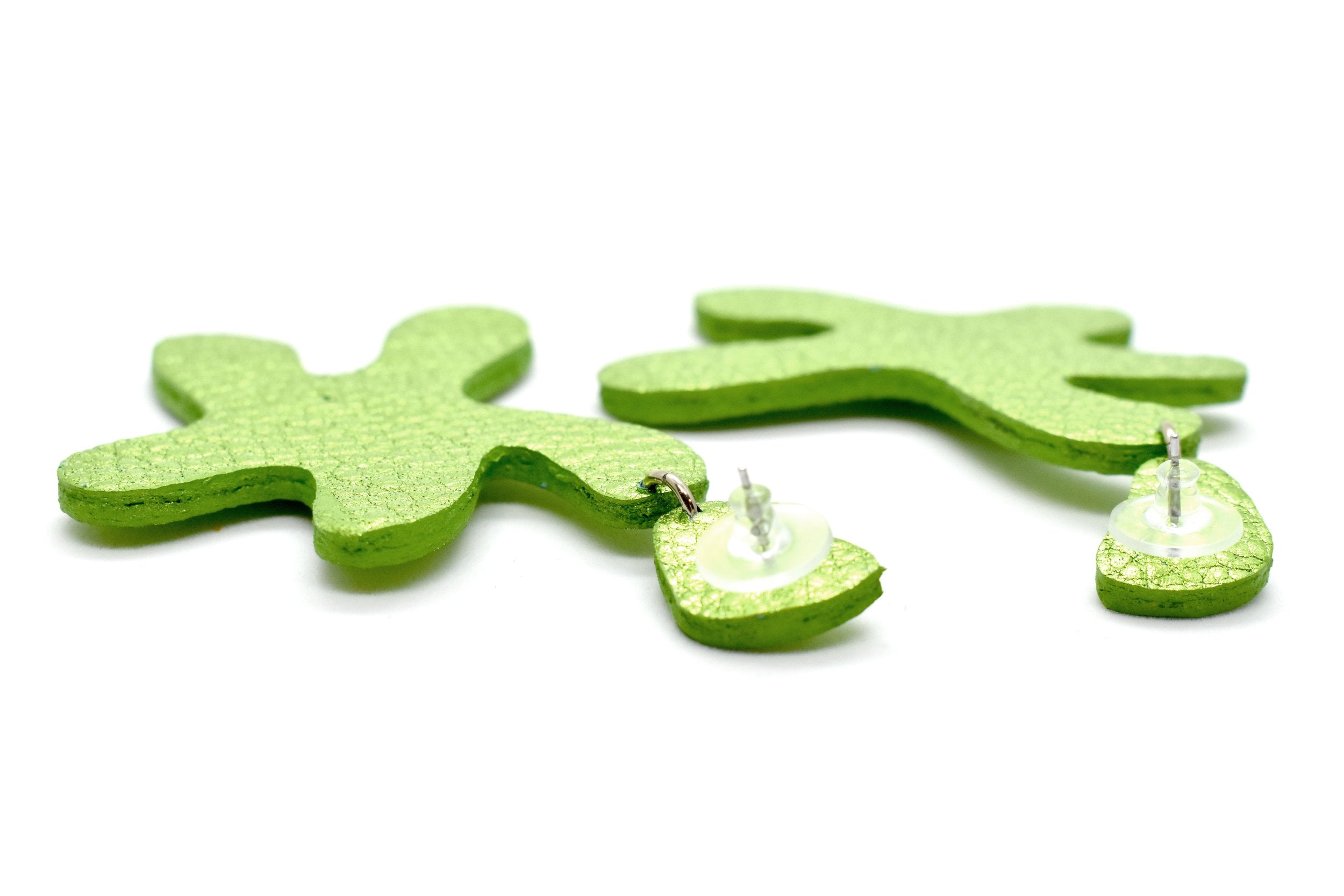 surgical steel posts with rubber backs on metallic lime green leather earrings