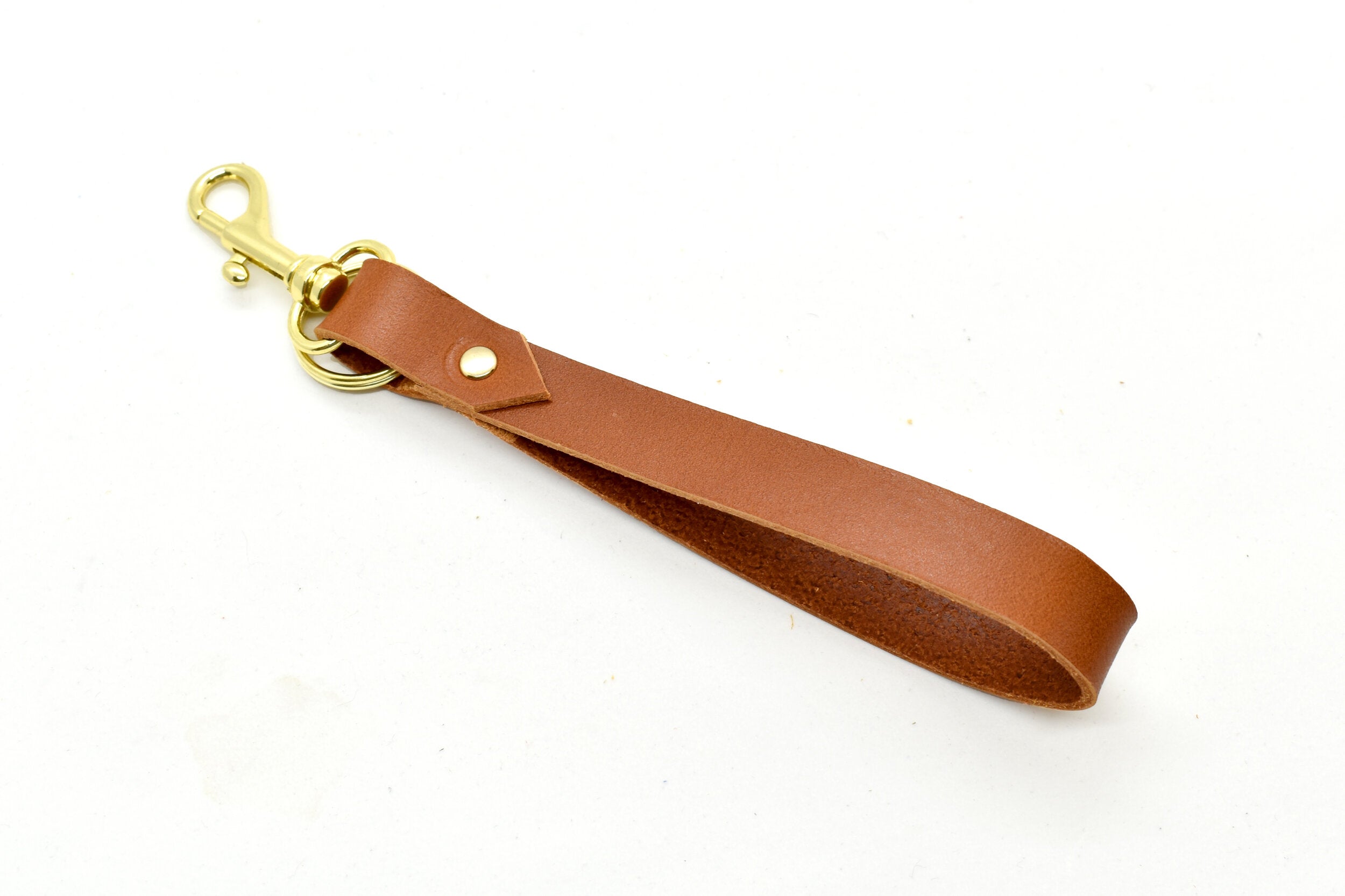 Minimal Leather Keychain Wristlet in Saddle Chestnut Leather